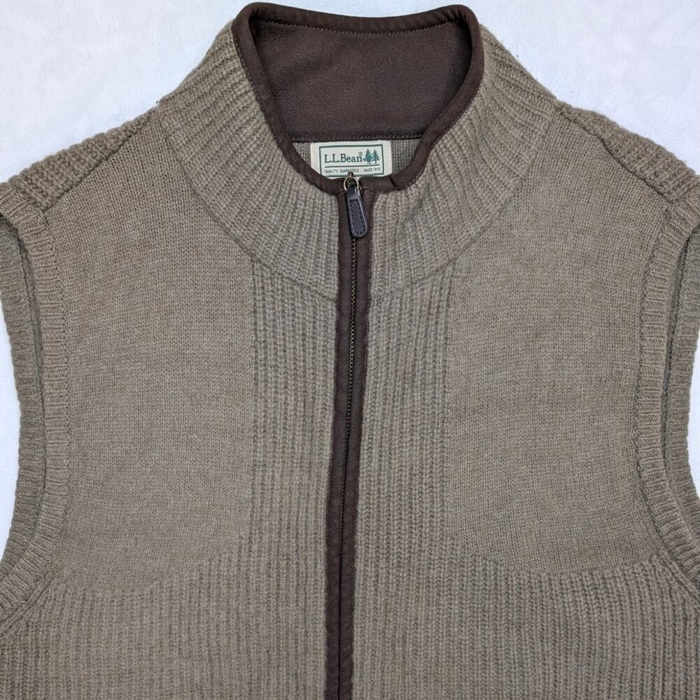 LL Bean Mens Merino Lambswool Full Zip Sweater Vest Brown Ribbed Knit Medium M